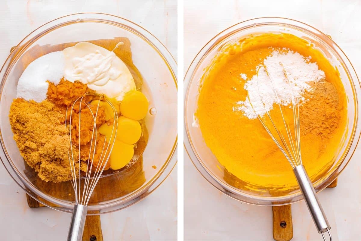 How to Make Pumpkin Brownies (Step-by-Step Photos) Left: eggs, brown sugar, white sugar, pumpkin puree, and cream. Right: mixture whisked together with flour and spices added on top.