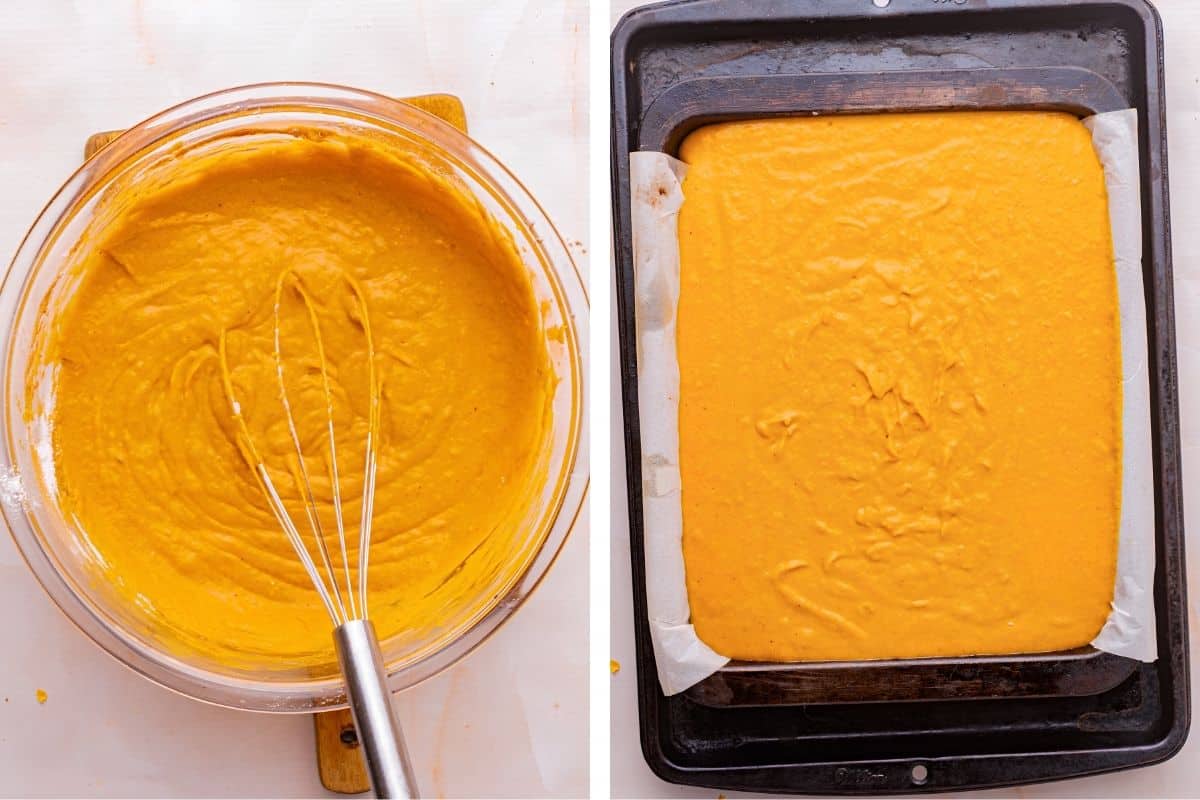How to Make Pumpkin Brownies (Step-by-Step Photos) A bowl of orange cake batter with a whisk, and a baking tray lined with parchment paper filled with the same orange batter, ready to be baked.