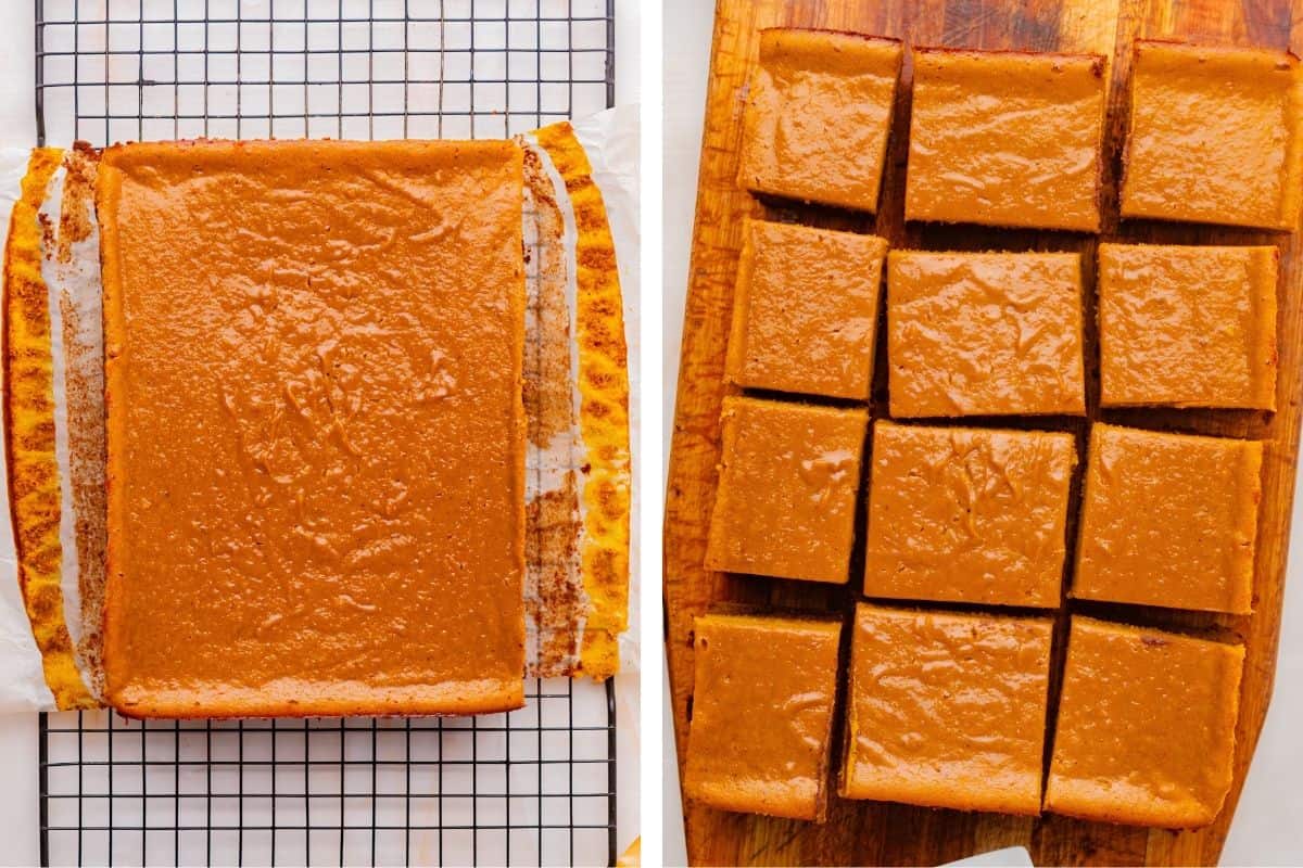 How to Make Pumpkin Brownies (Step-by-Step Photos) Two images: On the left, a whole baked brown sheet cake cools on a wire rack. On the right, the same cake is cut into twelve neat rectangular pieces on a wooden cutting board.