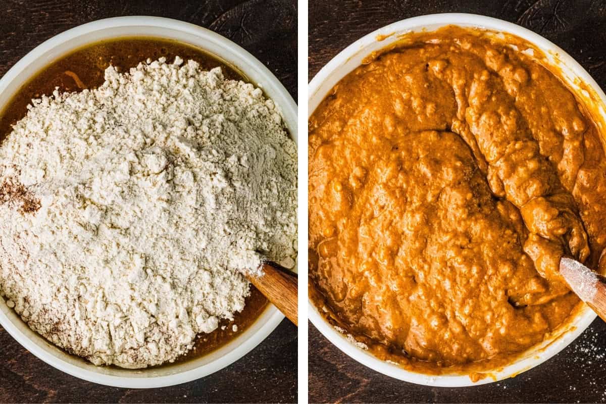 How to Make Pumpkin Shaped Cake (Step-by-Step Photos) Side-by-side images show a mixing bowl with dry flour on wet batter (left) and the same bowl with all ingredients mixed into a smooth, orange-brown batter (right).