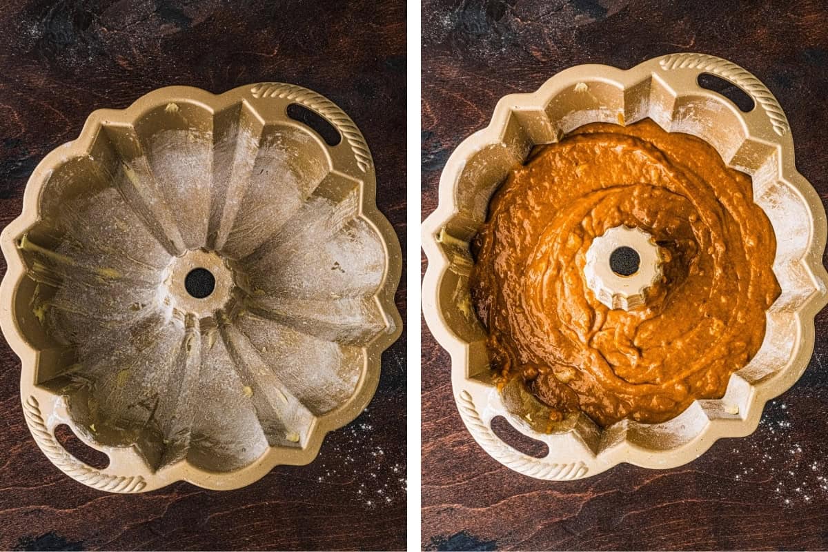 How to Make Pumpkin Shaped Cake (Step-by-Step Photos) A side-by-side of a bundt cake pan: the left shows the pan greased and floured, while the right shows it filled with pumpkin cake batter, ready to bake.
