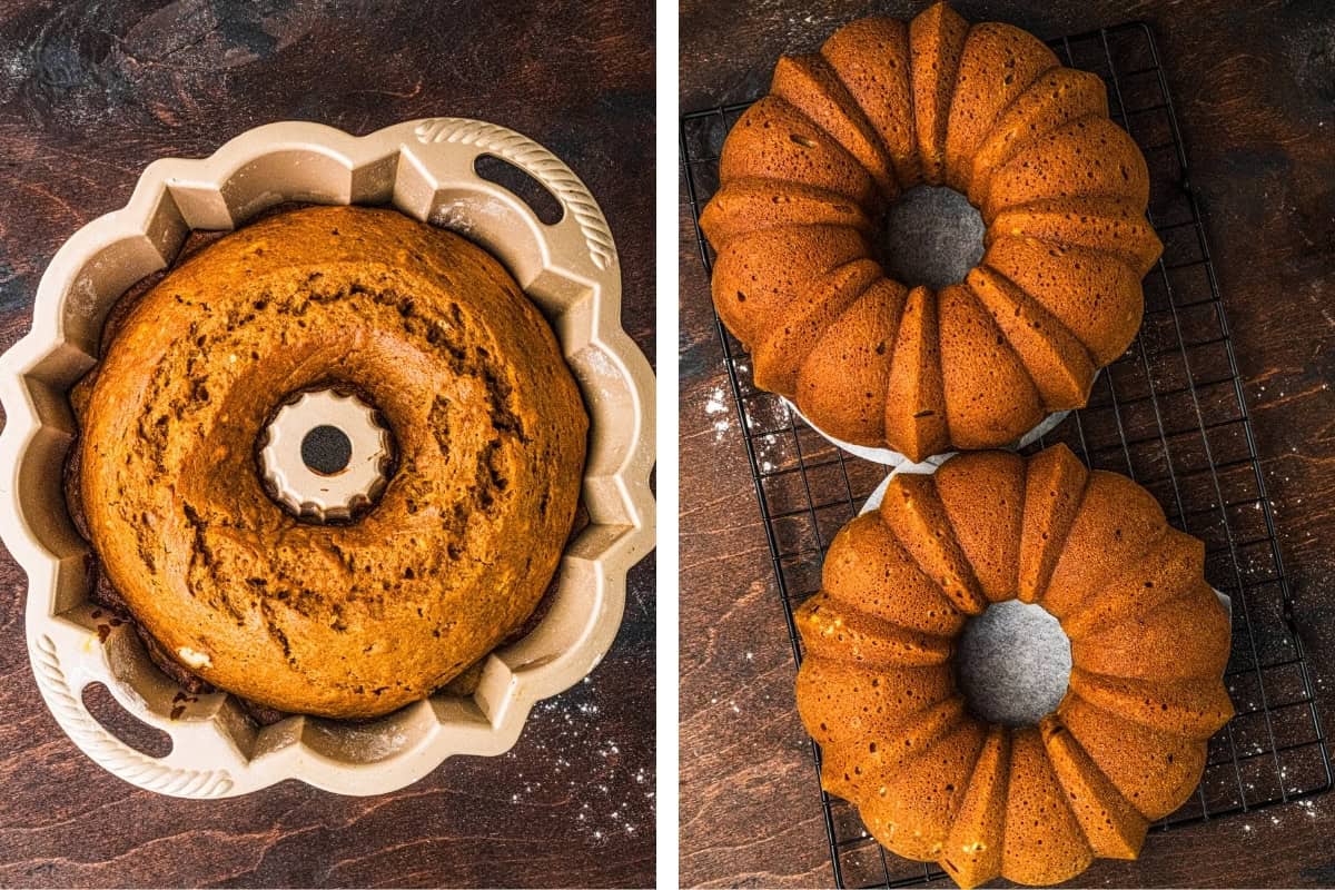 How to Make Pumpkin Shaped Cake (Step-by-Step Photos) Top-down view of a cake in a pan on the left, and two baked bundt cakes cooling on a wire rack on the right.