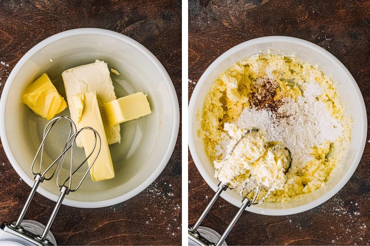 How to Make Pumpkin Shaped Cake (Step-by-Step Photos) Two side-by-side images: left shows butter and cream cheese in a bowl with a hand mixer; right shows the mixture being blended with added powdered sugar on top.