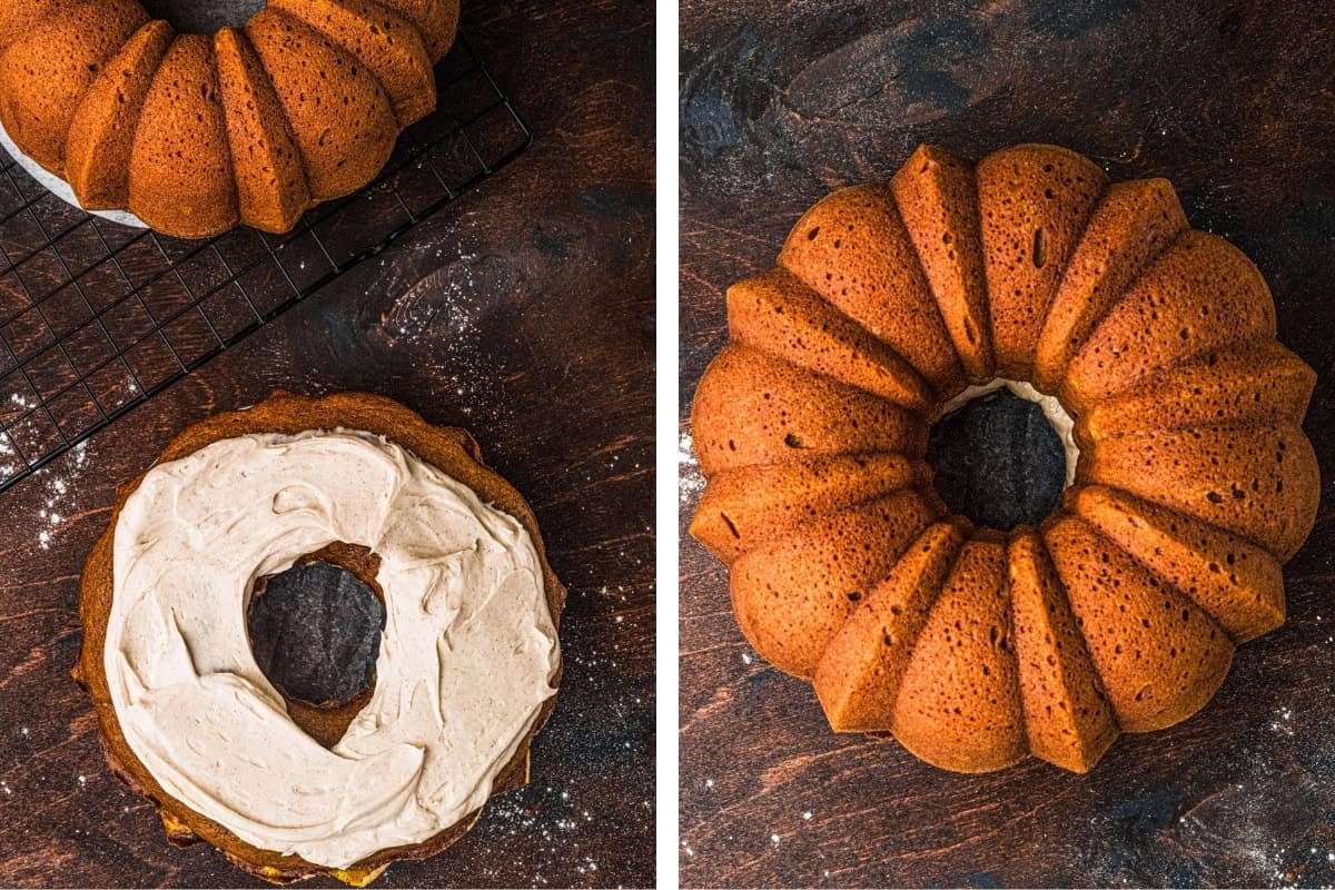 How to Make Pumpkin Shaped Cake (Step-by-Step Photos) Two images of a bundt cake: the left shows half the cake with frosting on a wire rack, while the right shows the entire cake on a dark wooden surface.