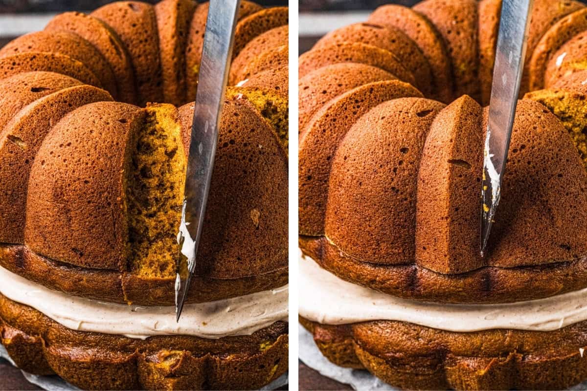 How to Make Pumpkin Shaped Cake (Step-by-Step Photos) Two images side by side show a knife cutting into a golden-brown Bundt cake with a layer of white frosting in the middle. The cake has a soft texture, and the knife is positioned to slice a piece.