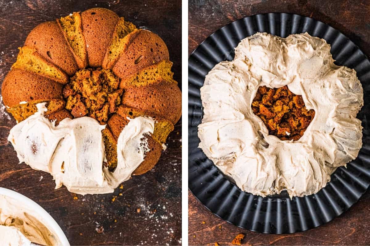 How to Make Pumpkin Shaped Cake (Step-by-Step Photos) Two images show a round bundt cake being frosted with light brown icing; the first shows icing being spread, and the second shows the entire cake with finished icing on a black plate.
