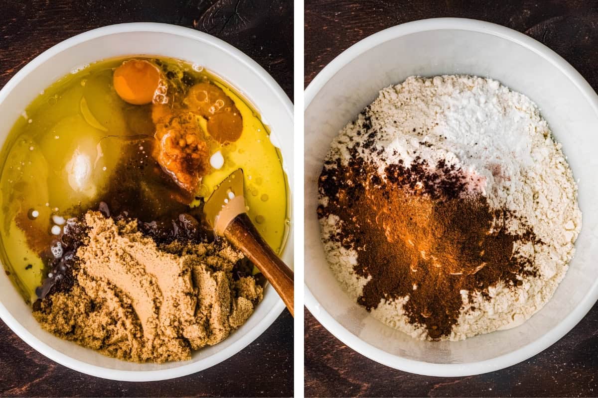 How to Make Pumpkin Shaped Cake (Step-by-Step Photos) Two bowls: one with eggs, brown sugar, and wet ingredients, the other with flour, baking powder, and spices.