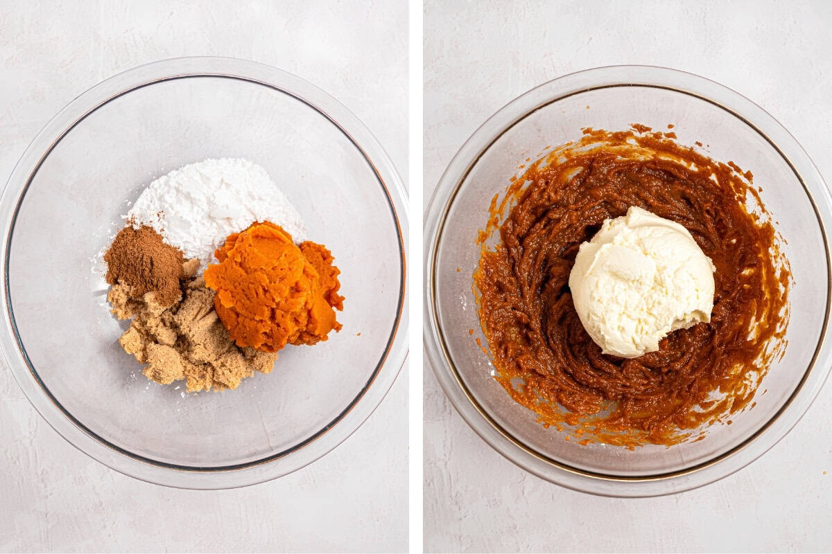 How to Make Pumpkin Tiramisu (Step-by-Step Photos) Two glass bowls shown: left bowl holds brown sugar, powdered sugar, spices, and pumpkin puree; right bowl shows the mixture combined, with a scoop of cheese added on top.