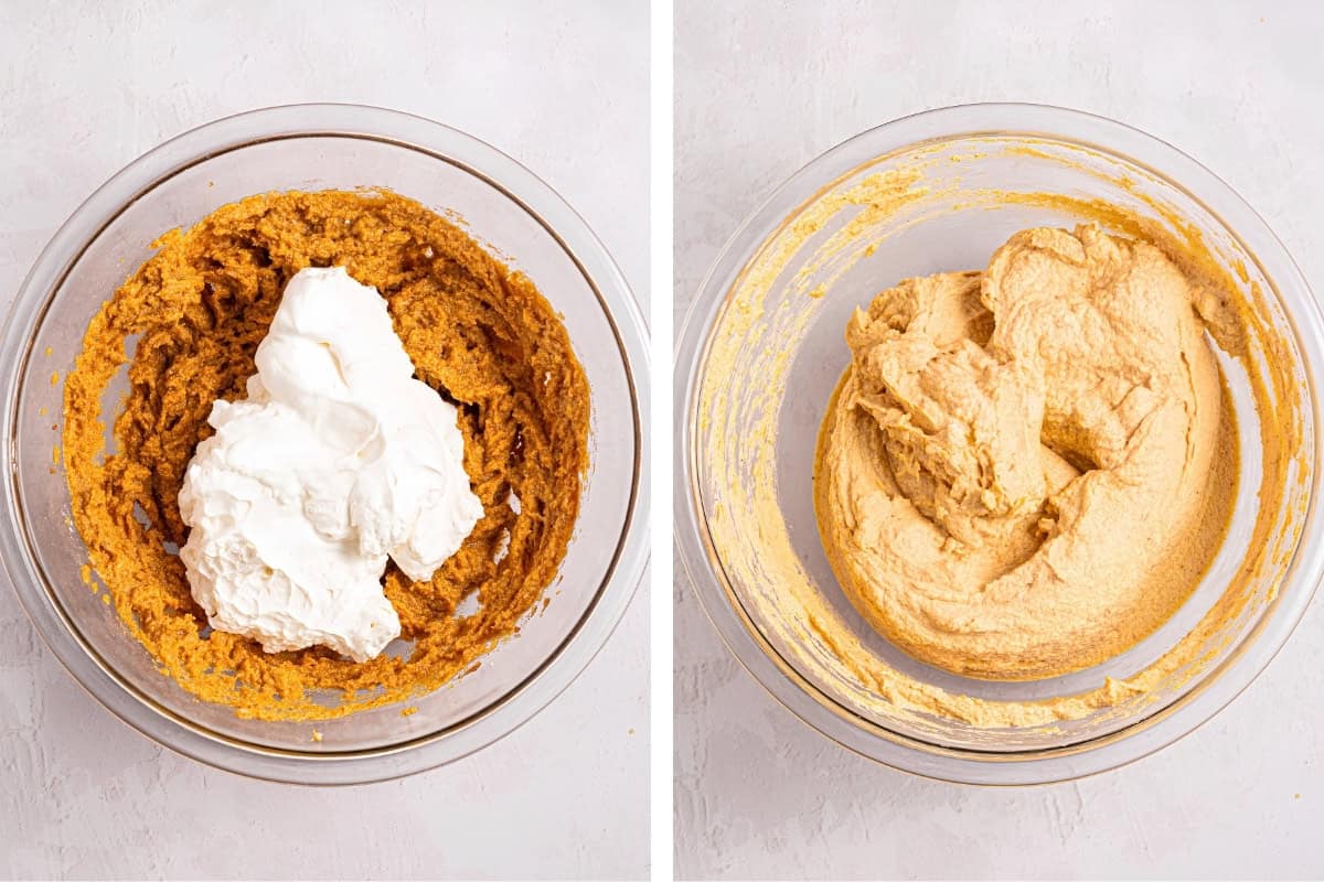 How to Make Pumpkin Tiramisu (Step-by-Step Photos) Two glass bowls: the left bowl has a pumpkin-colored mixture with a dollop of white cream on top; the right bowl shows both ingredients blended into a smooth, creamy orange mixture.