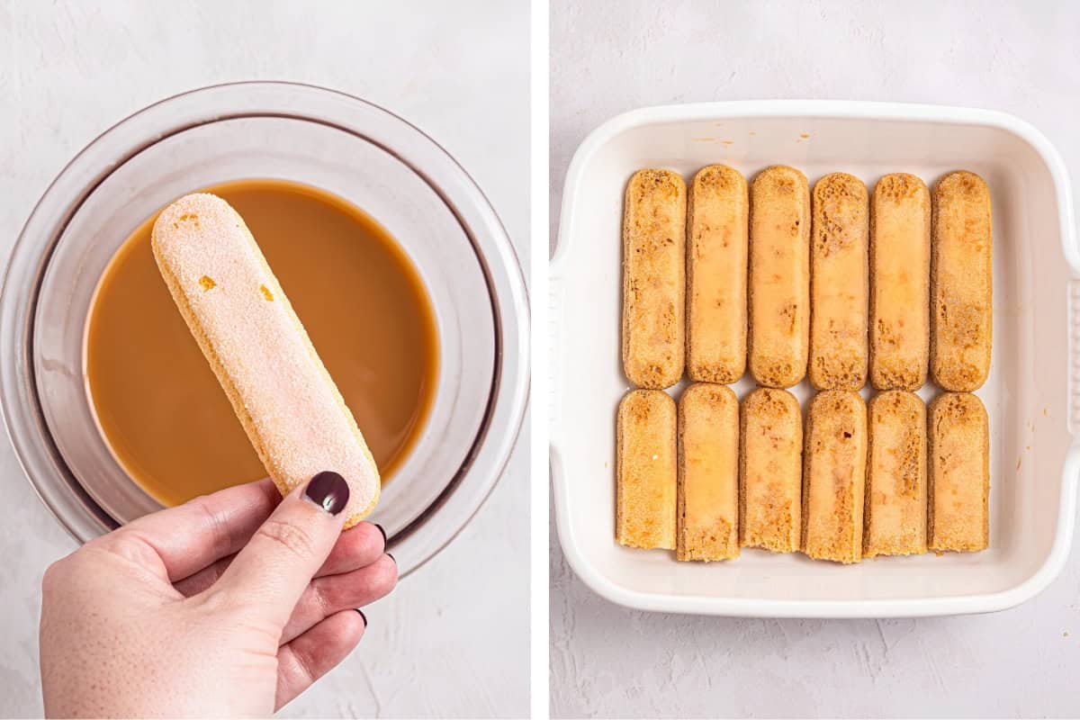 How to Make Pumpkin Tiramisu (Step-by-Step Photos) A hand dips a ladyfinger into coffee in a bowl; beside it, ladyfingers are neatly arranged in a white baking dish.