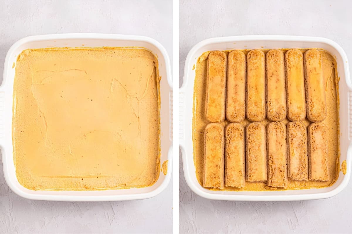 How to Make Pumpkin Tiramisu (Step-by-Step Photos) Side-by-side images: left shows a smooth creamy layer in a white dish, right shows ladyfinger cookies neatly arranged on top of the same creamy layer in the same dish.