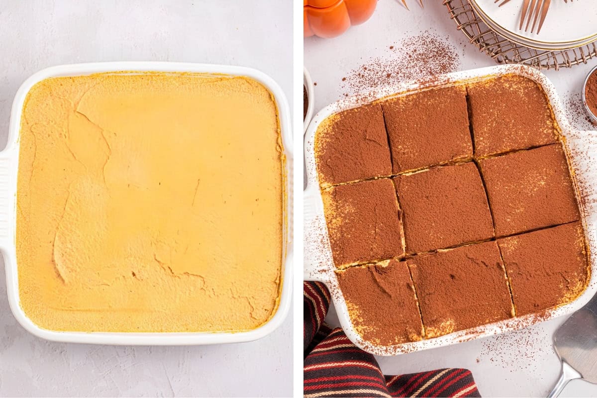 How to Make Pumpkin Tiramisu (Step-by-Step Photos) Side-by-side images of a pumpkin dessert: the left shows it plain in a white dish, and the right shows it cut into squares and dusted with cocoa powder.