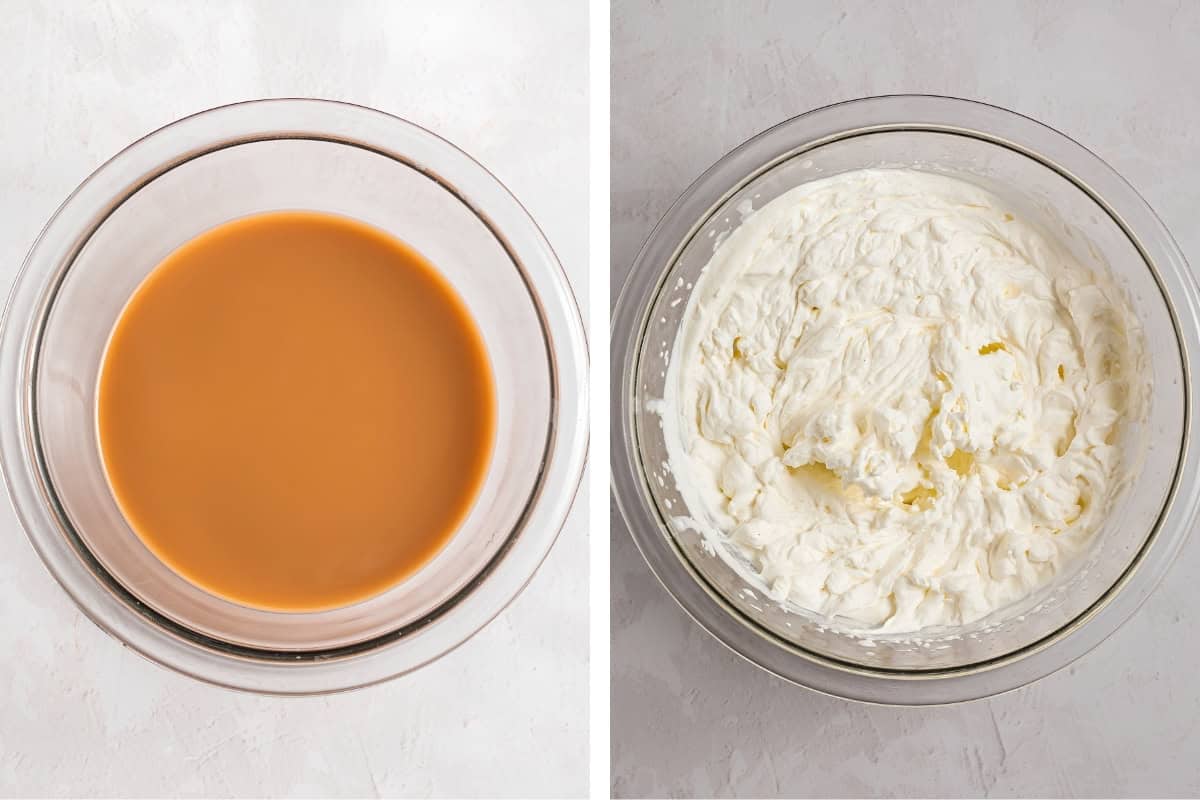 How to Make Pumpkin Tiramisu (Step-by-Step Photos) Two glass bowls: the left contains caramel-colored liquid, while the right holds fluffy, whipped white cream.