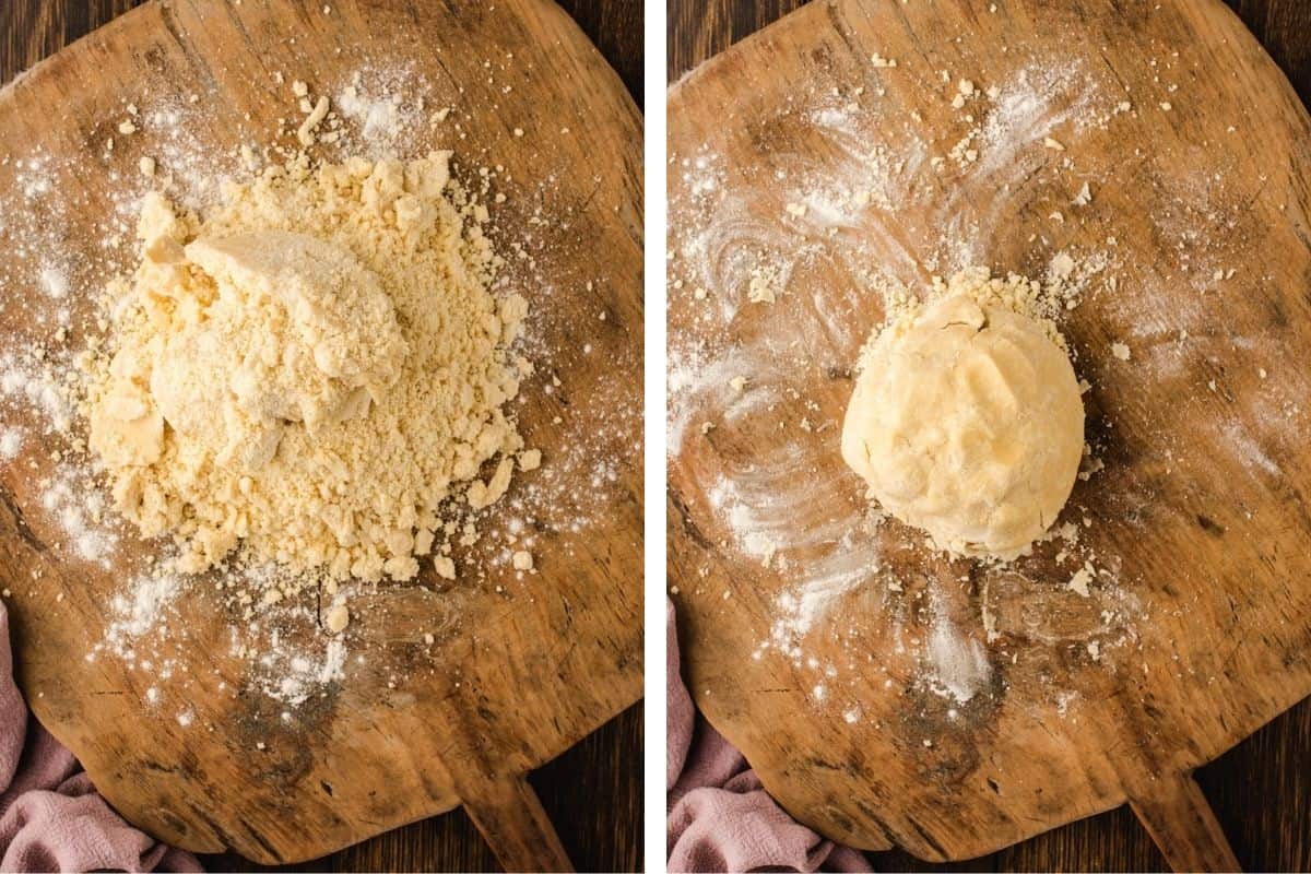 How to Make Quiche (Step-by-Step Photos) Two images side by side: the left shows crumbly dough mixture on a floured wooden surface; the right shows the same surface with the dough gathered into a smooth ball.