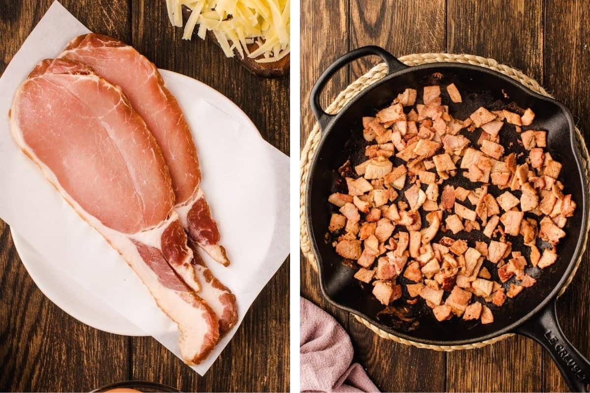 How to Make Quiche (Step-by-Step Photos) Left: Uncooked bacon on a white plate. Right: Cooked chopped bacon pieces in a black skillet on a wooden table.
