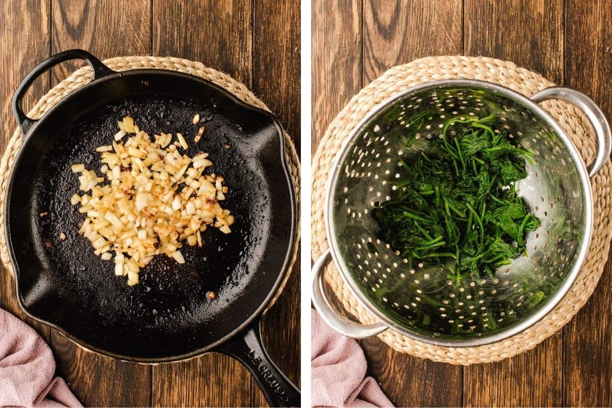 How to Make Quiche (Step-by-Step Photos) A cast iron pan with sautéed onions on the left, and a metal colander with cooked spinach on the right.