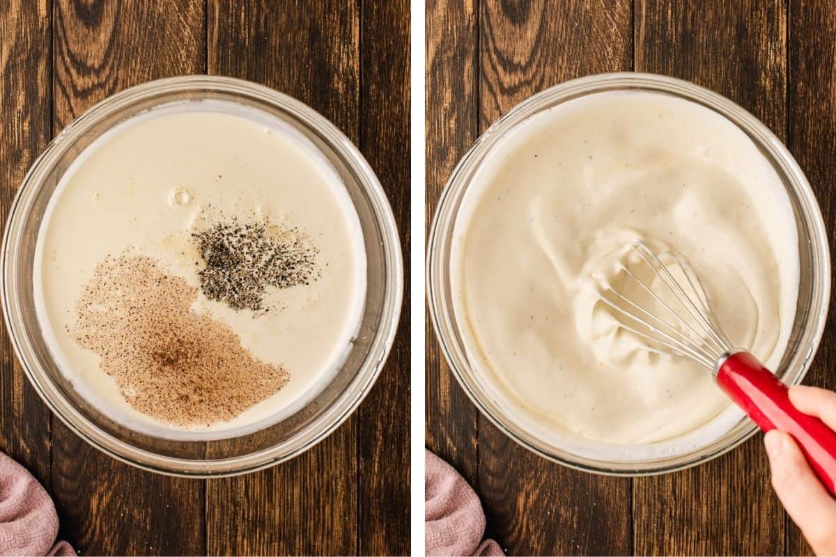 How to Make Quiche (Step-by-Step Photos) Two images: Left, a bowl with creamy liquid, black pepper, and ground spices. Right, a whisk mixing the now smooth, blended creamy mixture in the same bowl.