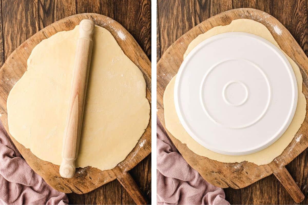How to Make Quiche (Step-by-Step Photos) Two images: Left shows dough rolled out on a wooden board with a rolling pin. Right shows the same dough with a large white plate placed on top, ready to be cut into a circle.