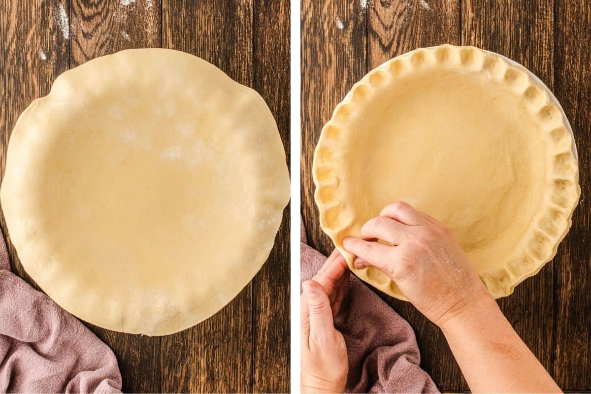 How to Make Quiche (Step-by-Step Photos) Two photos: on the left, an unbaked pie crust in a pie dish; on the right, hands crimp the edge of the pie crust.