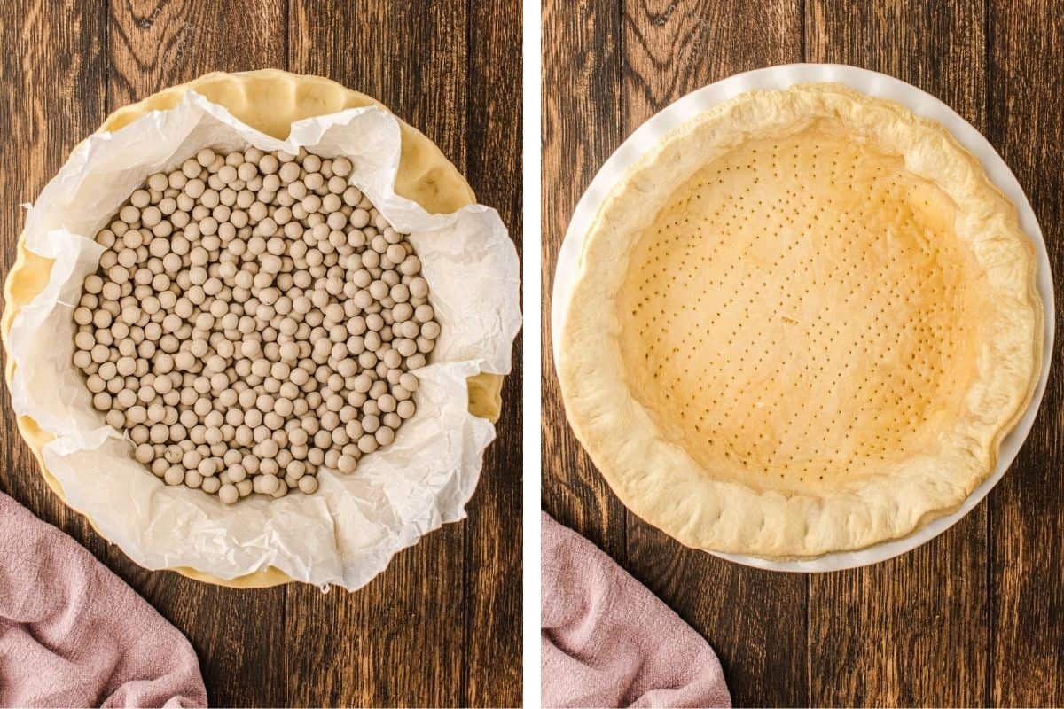 How to Make Quiche (Step-by-Step Photos) Side-by-side images: Left, an unbaked pie crust lined with parchment paper and filled with baking beans. Right, a golden baked pie crust with fork marks.