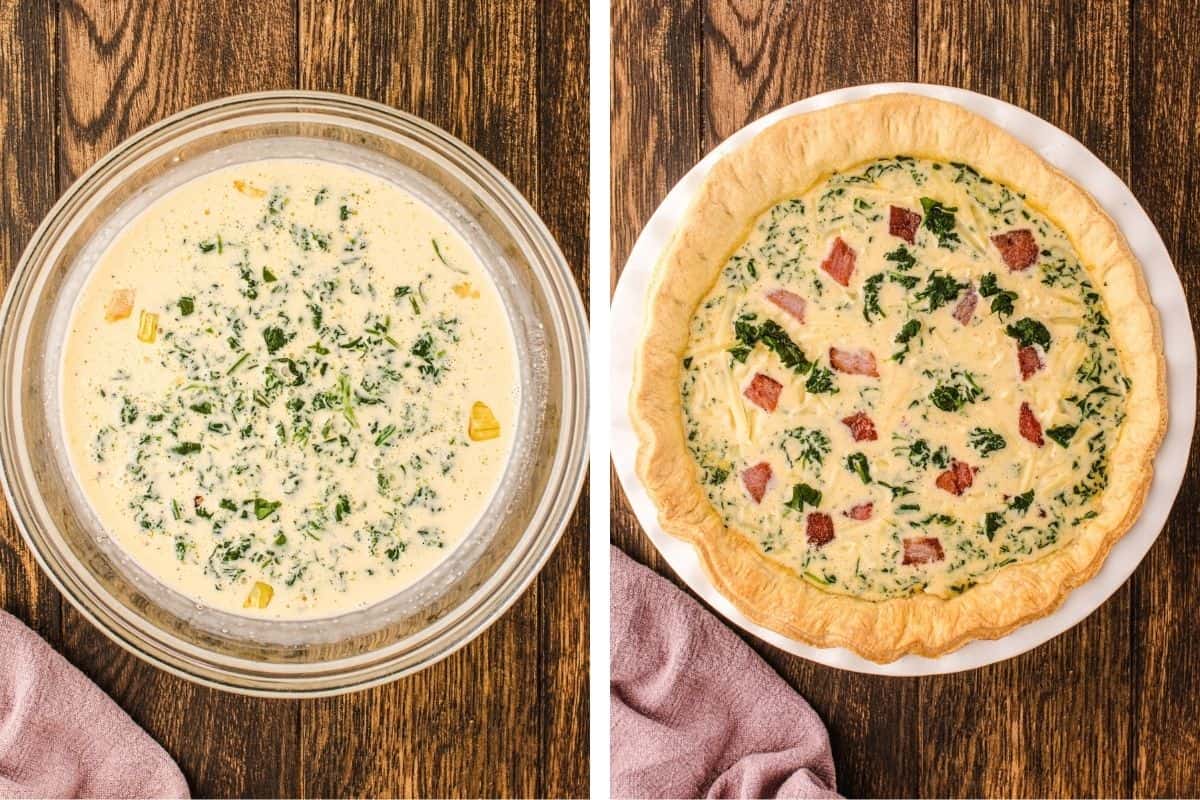 How to Make Quiche (Step-by-Step Photos) Left: A glass bowl with a creamy, herbed mixture. Right: An unbaked quiche with visible spinach and bacon pieces in a pie crust.