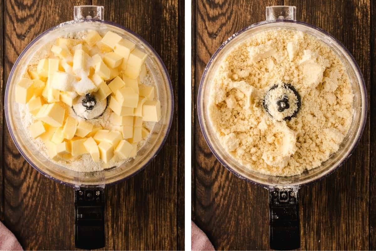 How to Make Quiche (Step-by-Step Photos) Side-by-side images show a food processor with cubed butter and flour on the left, and on the right, the mixture blended to a crumbly texture.
