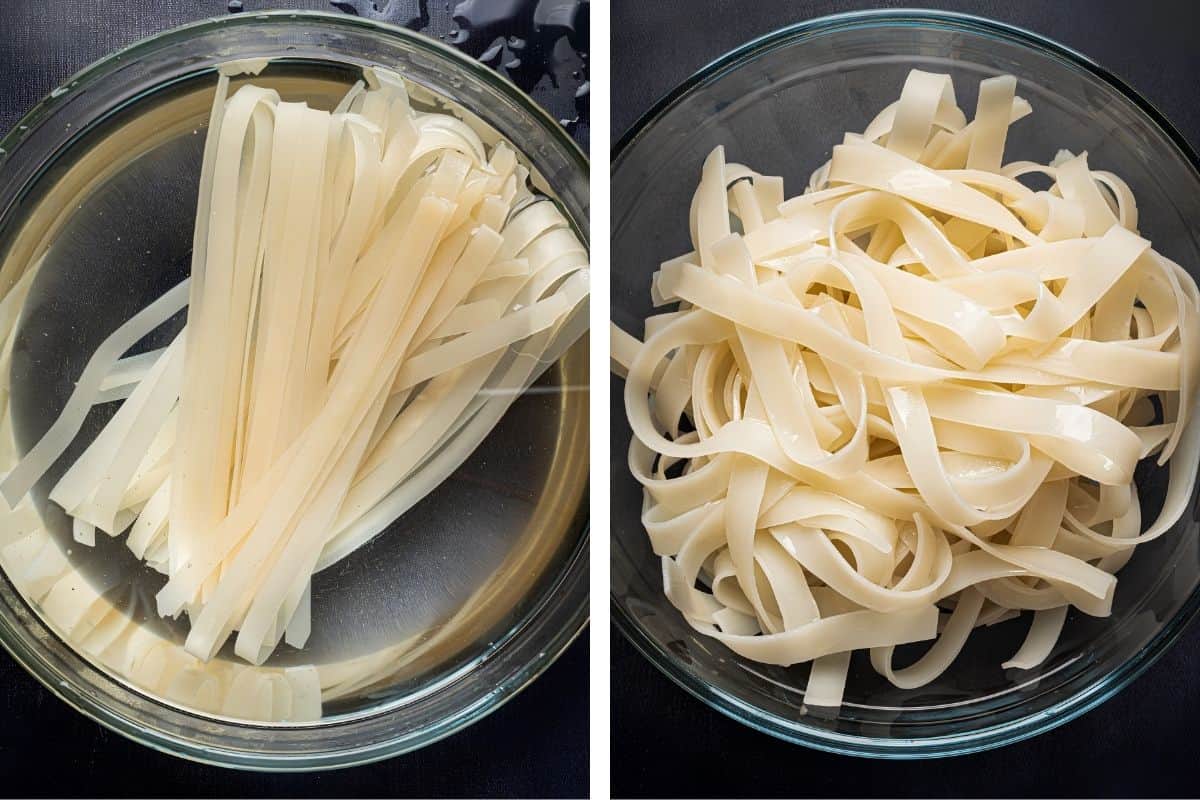 How to Make Thai Drunken Noodles (Step-by-Step Photos) Two glass bowls: one with uncooked rice noodles soaking in water (left), and one with cooked, drained rice noodles (right).