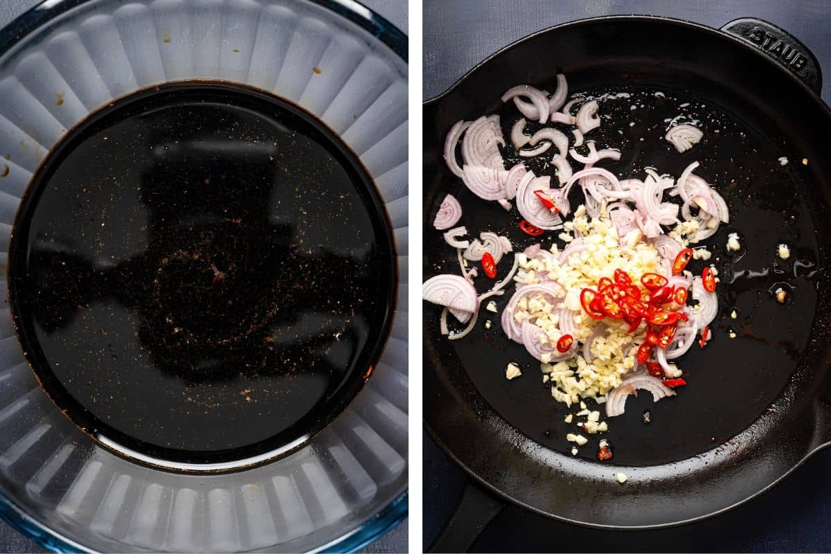 How to Make Thai Drunken Noodles (Step-by-Step Photos) Left: Dark sauce in a glass bowl. Right: Sliced shallots, garlic, and red chili cooking in a black skillet.