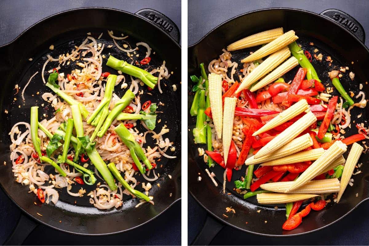 How to Make Thai Drunken Noodles (Step-by-Step Photos) Side-by-side images of a skillet: left shows onions, garlic, chili, and greens cooking; right shows added baby corn and red bell peppers.
