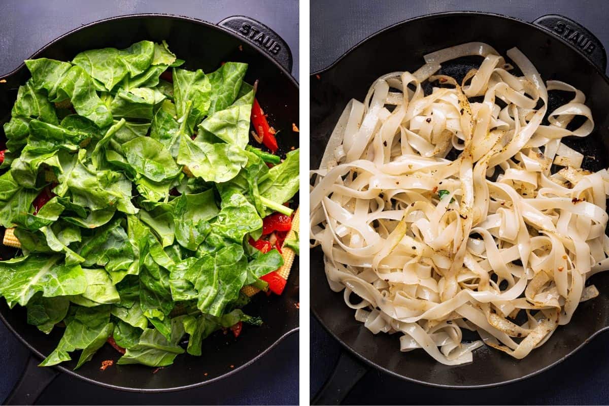 How to Make Thai Drunken Noodles (Step-by-Step Photos) Two side-by-side pans: the left pan contains chopped leafy greens, red bell peppers, and baby corn; the right pan has stir-fried rice noodles with seasonings.