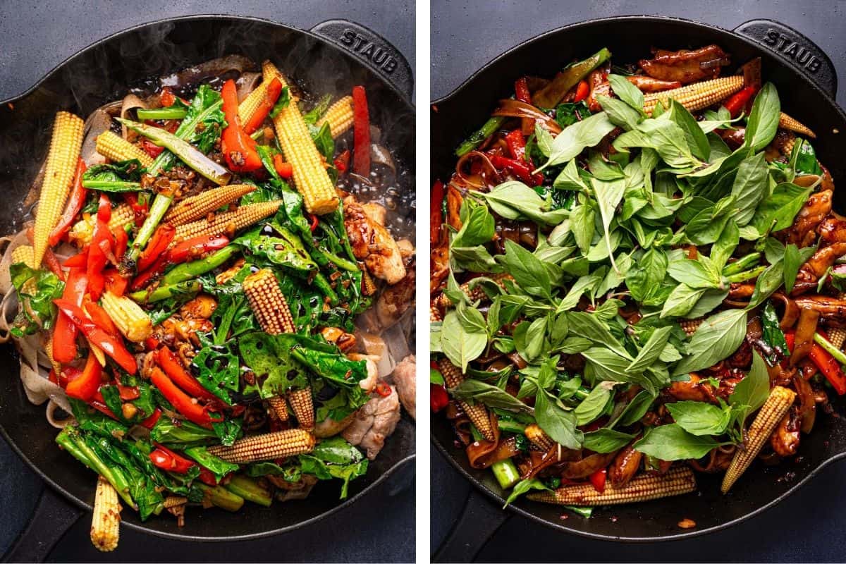 How to Make Thai Drunken Noodles (Step-by-Step Photos) Two side-by-side images of a stir fry in a black pan. The left shows colorful vegetables and meat cooking; the right shows the same dish topped generously with fresh basil leaves.