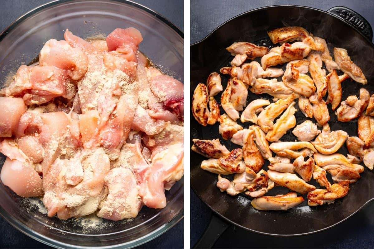 How to Make Thai Drunken Noodles (Step-by-Step Photos) Left: Raw, seasoned chicken pieces in a glass bowl. Right: Cooked, browned chicken strips in a black skillet, arranged over the surface.