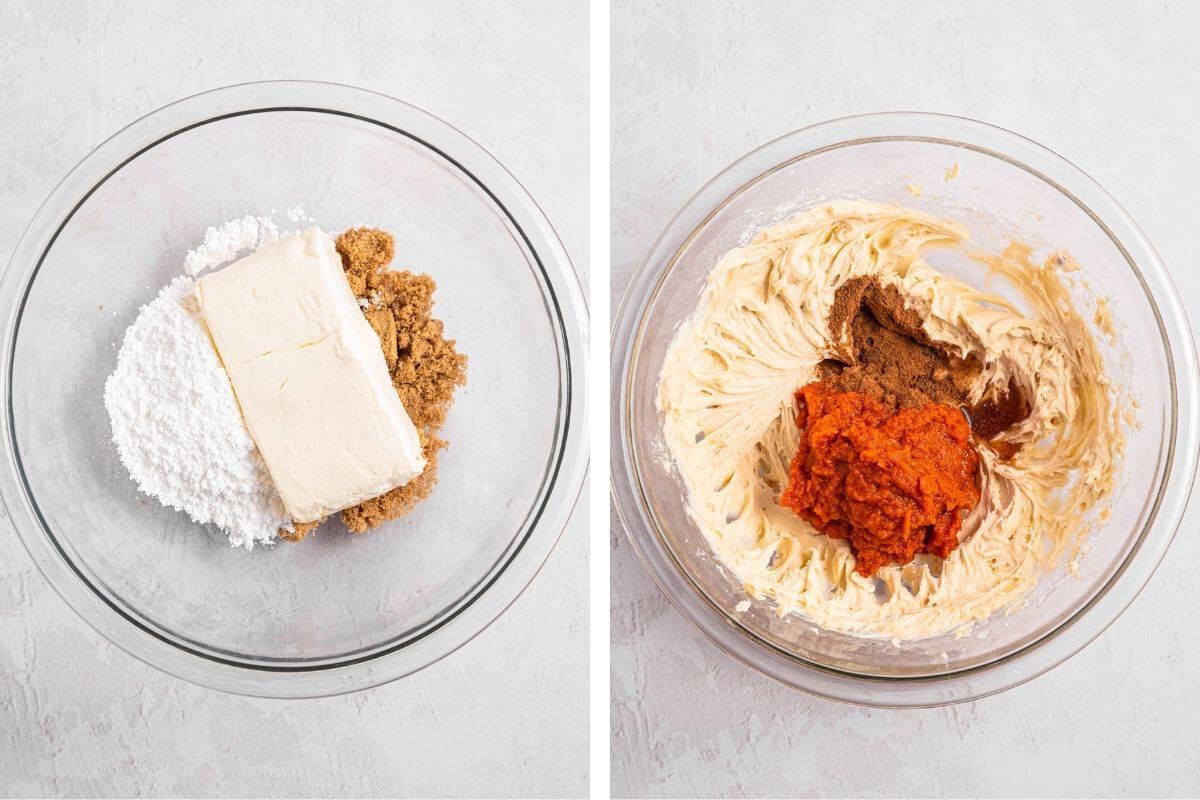 How to Make Turtle Pumpkin Pie (Step-by-Step Photos) Two glass bowls side by side: left bowl contains cream cheese, powdered sugar, and brown sugar; right bowl shows mixture creamed together with pumpkin puree and spices added on top.