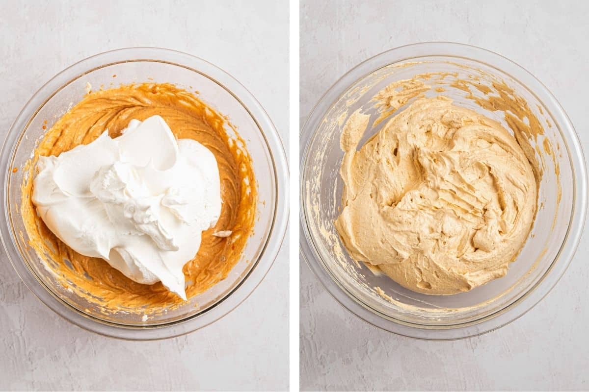 How to Make Turtle Pumpkin Pie (Step-by-Step Photos) Two glass bowls: the left contains brown batter topped with white whipped topping, the right shows the mixture fully blended together into a smooth, light tan batter.