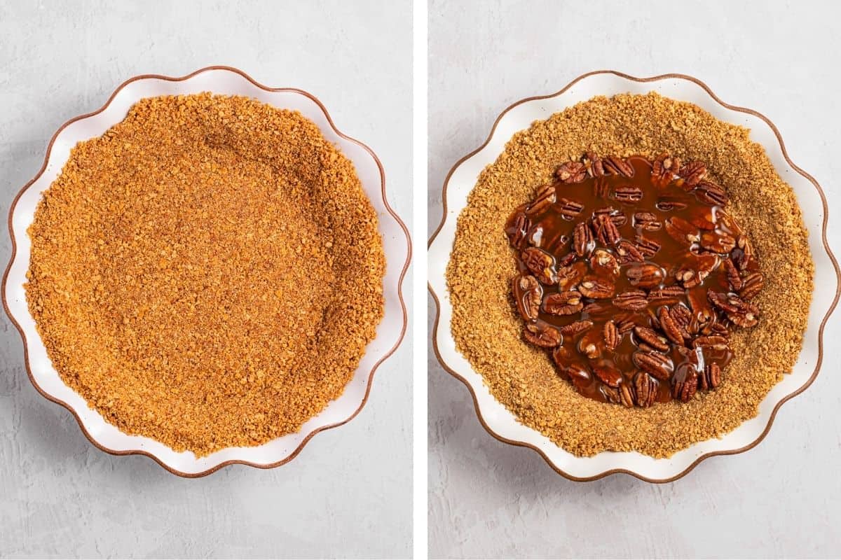 How to Make Turtle Pumpkin Pie (Step-by-Step Photos) A split image shows a pie dish with a crumb crust on the left, and on the right, the same crust filled with whole pecans and caramel sauce.