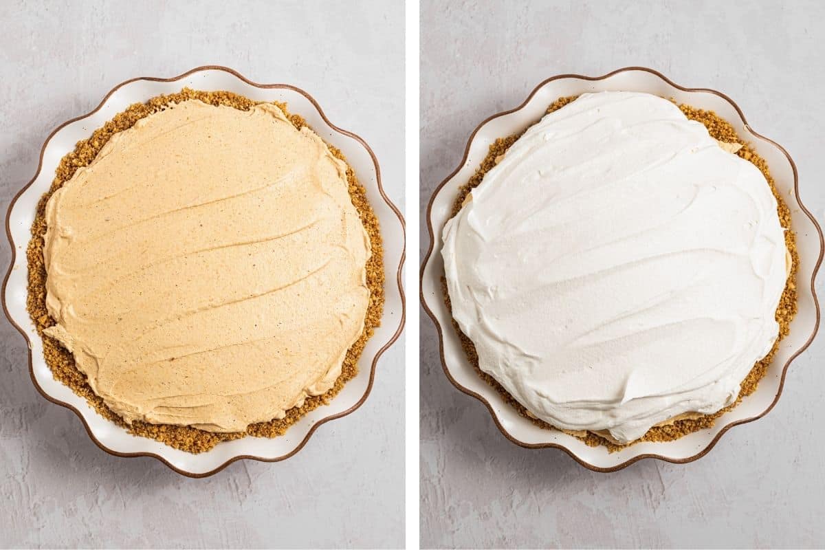 How to Make Turtle Pumpkin Pie (Step-by-Step Photos) A split image showing two pies in white dishes: the left pie has a light brown filling, while the right pie has a thick layer of white whipped topping. Both have graham cracker crusts.