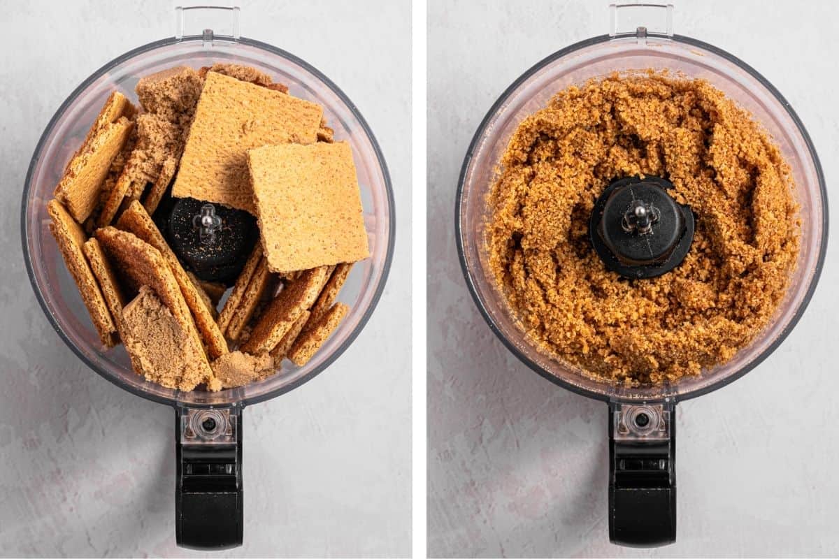 How to Make Turtle Pumpkin Pie (Step-by-Step Photos) Two images side by side: the left shows whole graham crackers in a food processor, and the right shows the crackers ground into fine crumbs in the same food processor.