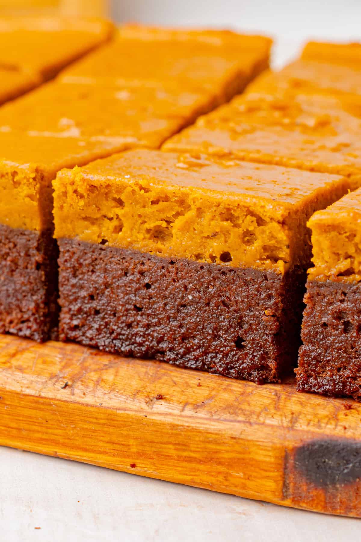 Pumpkin Brownies Close-up of sliced two-layer brownies, with a dark chocolate layer on the bottom and a light orange pumpkin layer on top.