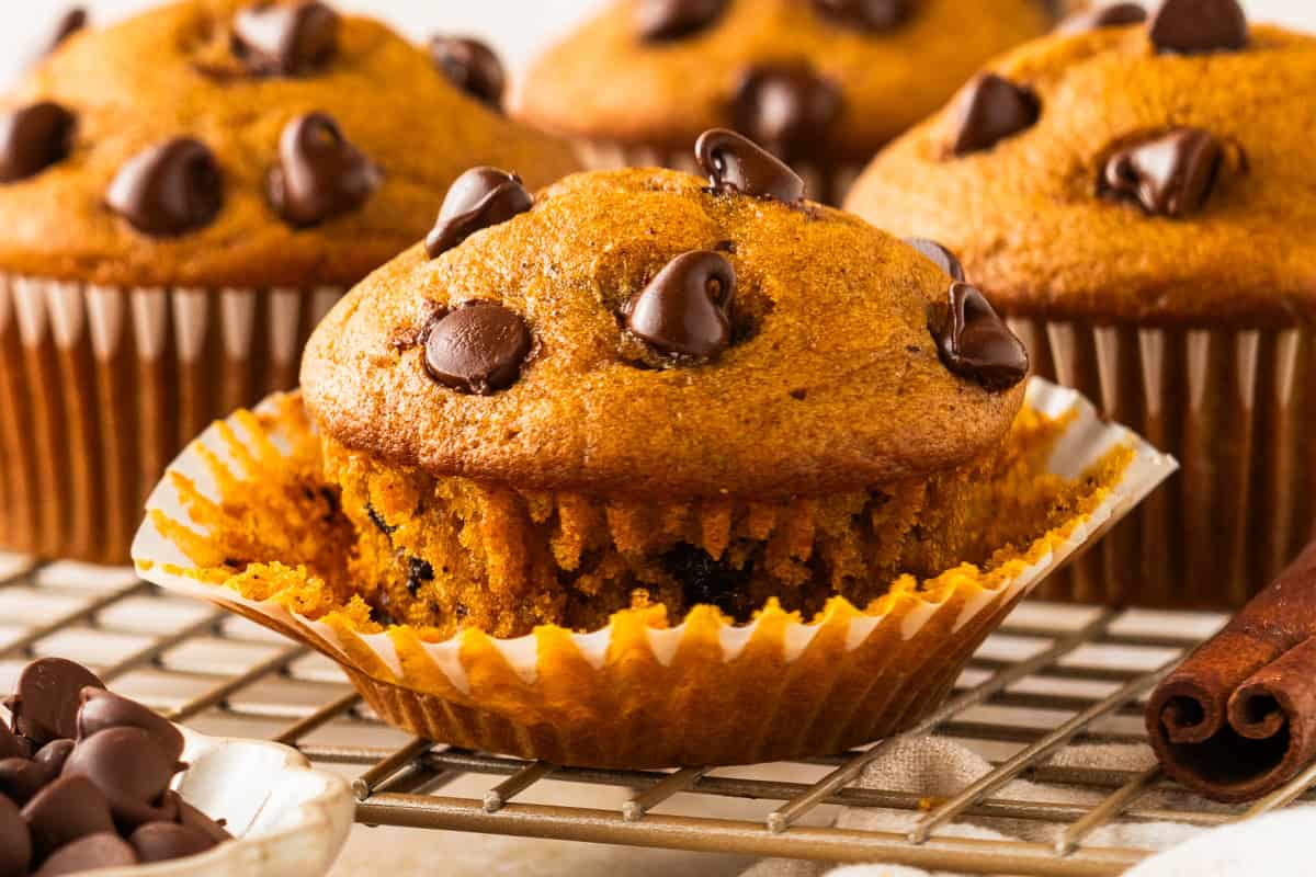 Pumpkin Chocolate Chip Muffins A close-up of a chocolate chip muffin with a golden-brown top, nestled in a paper wrapper, on a cooling rack.
