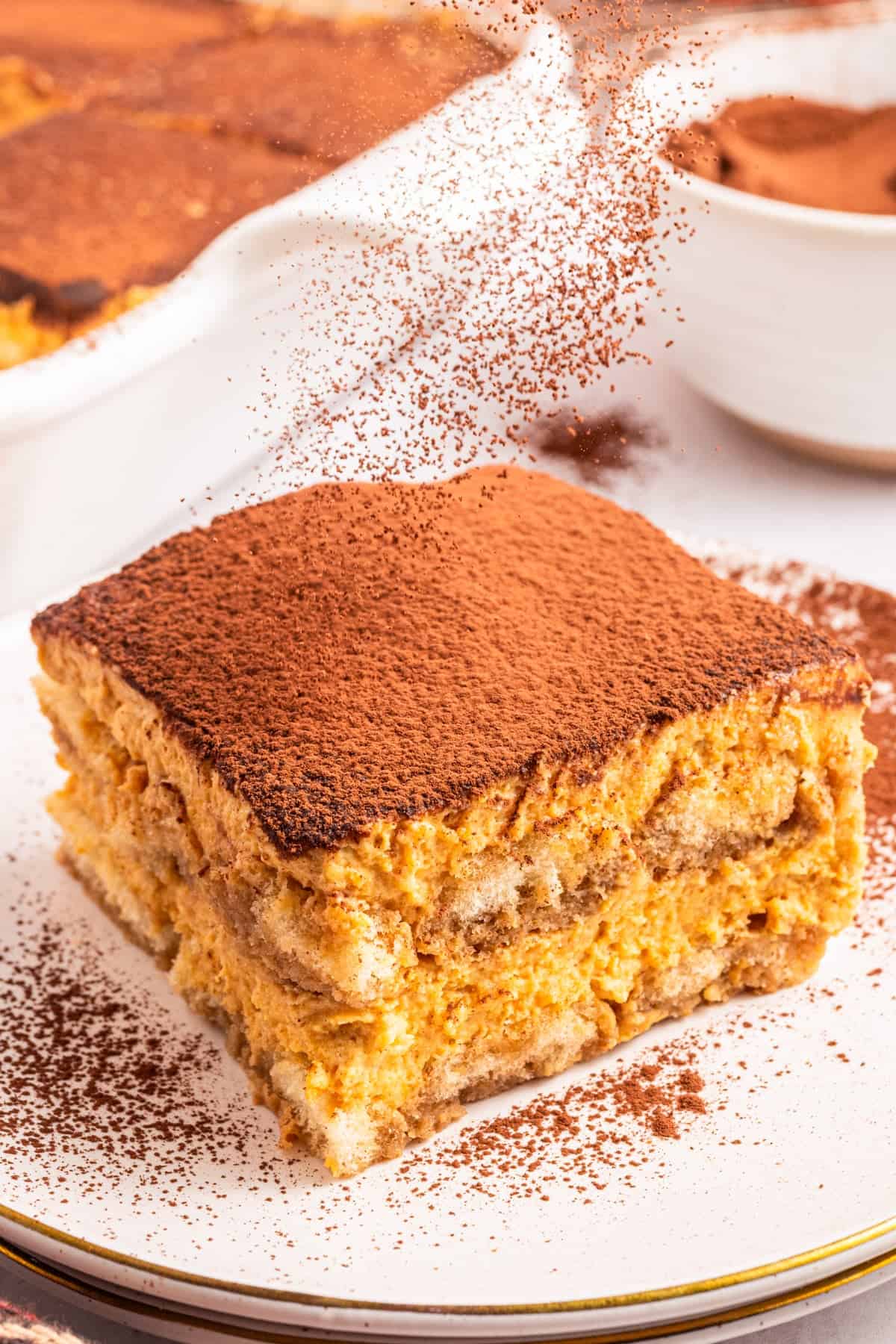 Pumpkin Tiramisu A slice of tiramisu on a plate is dusted with cocoa powder.