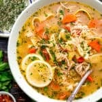 A bowl of chicken noodle soup with carrots, celery, herbs, and lemon slices, garnished with parsley.