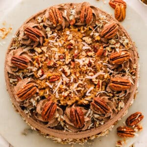 A round chocolate cake topped with chopped pecans, shredded coconut, chocolate frosting swirls, and whole pecans, displayed on a white surface.