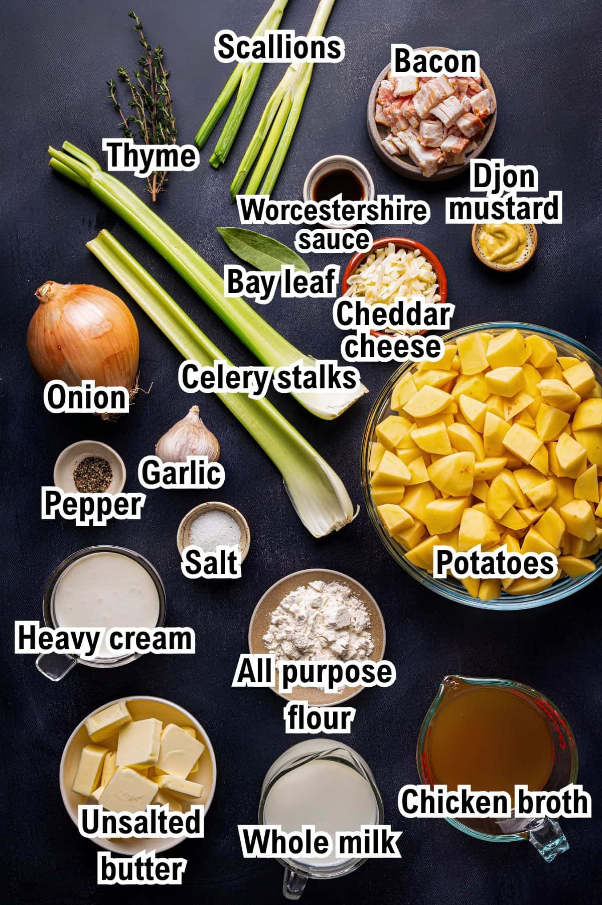 The Ingredients for Creamy Potato Soup with Bacon and Cheddar This photo shows the ingredients for Potato Bacon Soup: scallions, bacon, thyme, Worcestershire sauce, dijon mustard, bay leaf, cheddar cheese, potatoes, onion, pepper, garlic, salt, celery, heavy cream, flour, butter, milk, and broth.