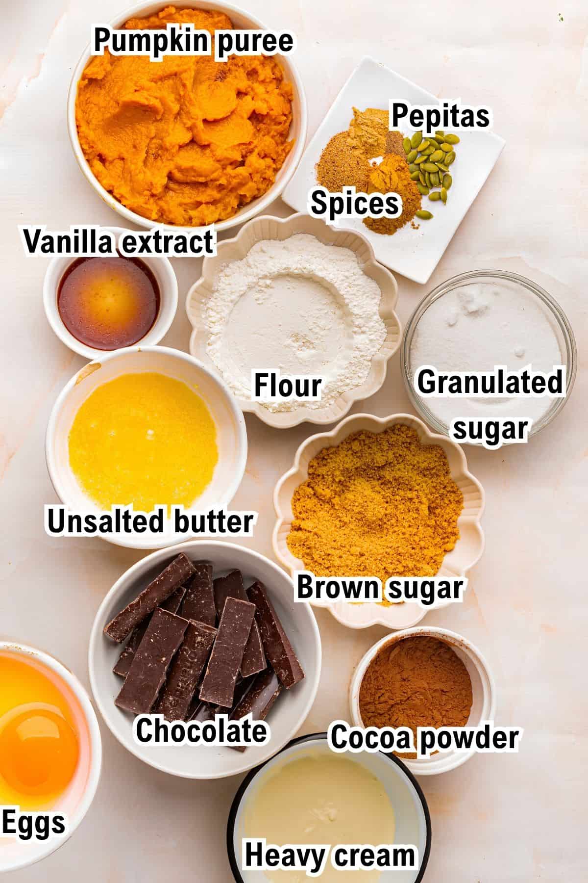 The Ingredients for Pumpkin Brownies This photo shows the ingredients for Pumpkin Brownies: pumpkin puree, pepitas, spices, vanilla extract, flour, granulated sugar, unsalted butter, brown sugar, chocolate, cocoa powder, heavy cream, and eggs, arranged on a white surface.