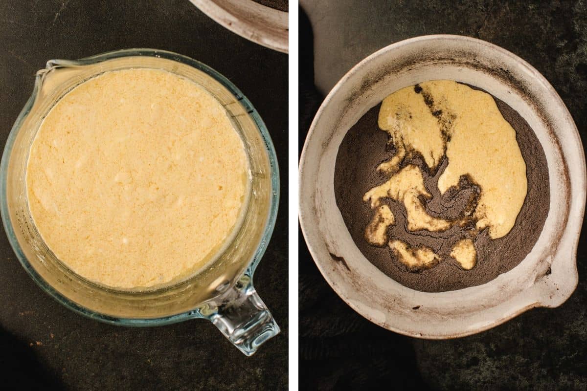 How to Make Halloween Cake (Step-by-Step Photos) A glass measuring cup filled with yellow batter next to a bowl containing dark powder being mixed with yellow batter.