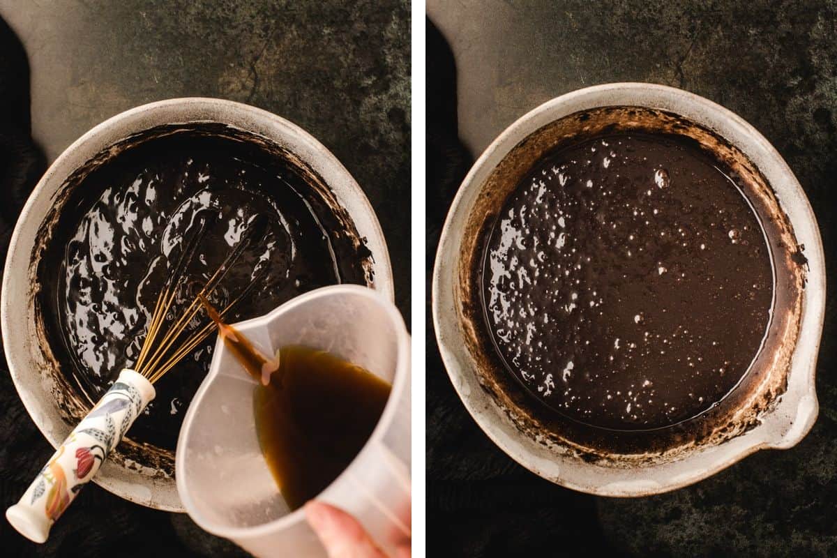 How to Make Halloween Cake (Step-by-Step Photos) Two-part image showing liquid being poured from a measuring cup into a mixing bowl of chocolate batter, followed by the combined batter being whisked together.
