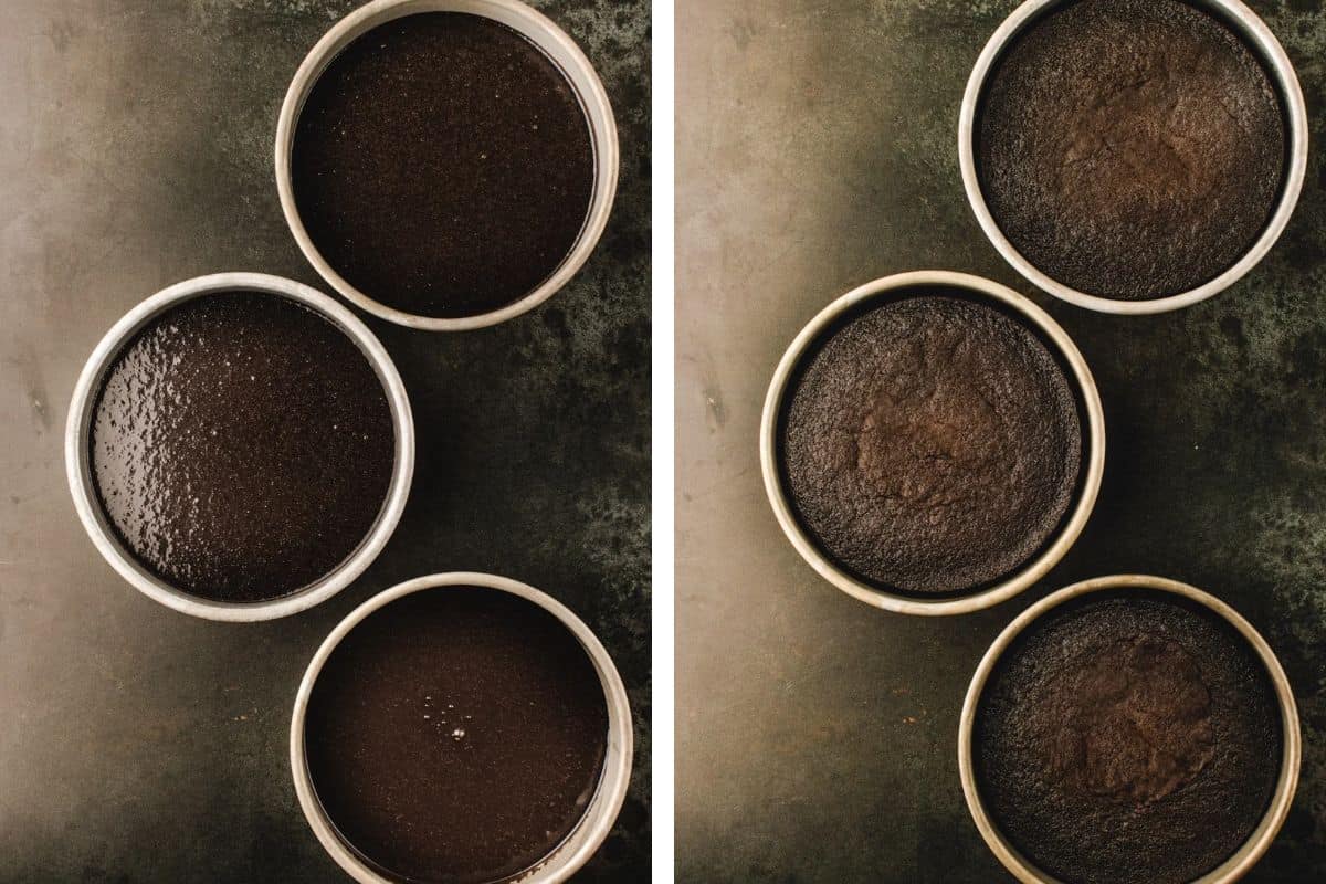 How to Make Halloween Cake (Step-by-Step Photos) Split view showing three round cake pans filled with raw, dark chocolate batter on the left and three baked chocolate cakes on the right.
