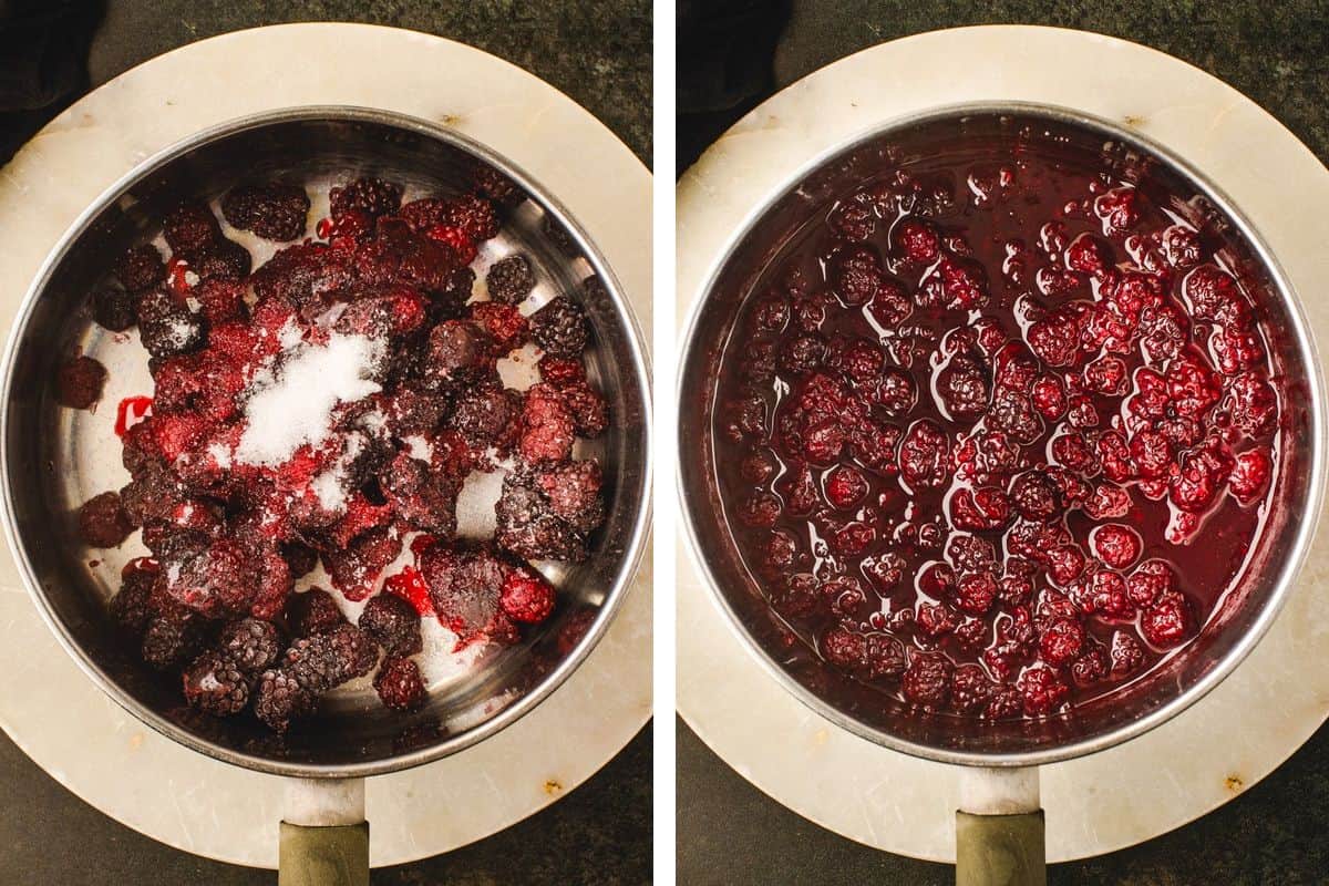 How to Make Halloween Cake (Step-by-Step Photos) A side-by-side comparison of blackberries in a saucepan: raw berries covered with sugar on the left, and cooked, syrupy fruit on the right.