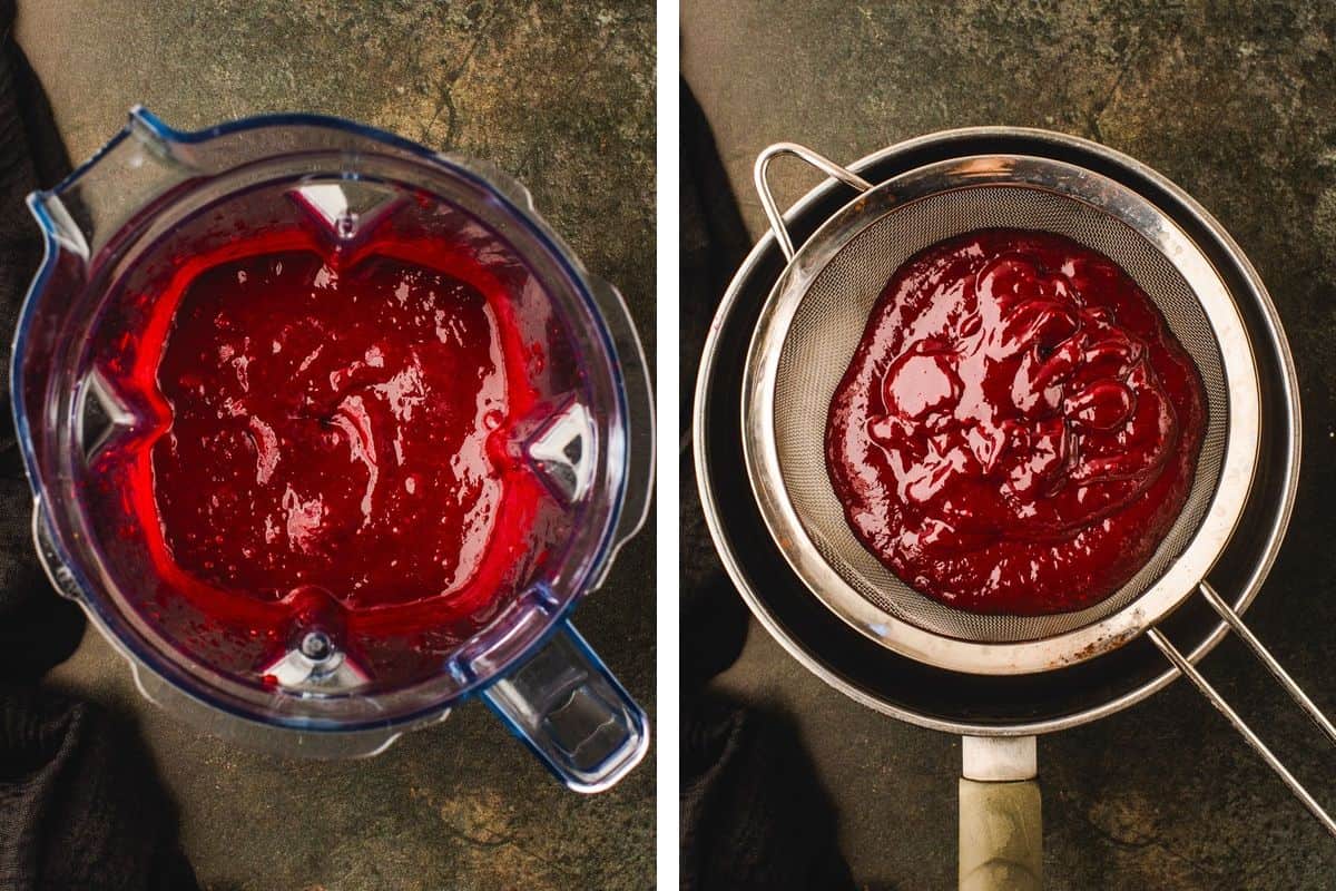 How to Make Halloween Cake (Step-by-Step Photos) A blender filled with bright red fruit puree next to the puree being strained through a metal sieve into a pan.