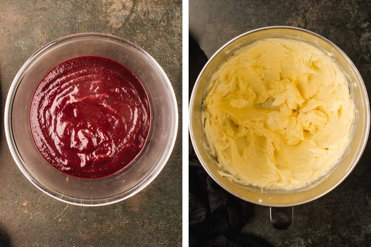 How to Make Halloween Cake (Step-by-Step Photos) Two glass bowls viewed from above, one containing a smooth deep red fruit puree and the other containing whipped yellow butter or frosting.